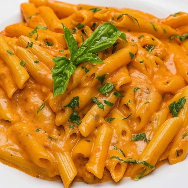 Penne pasta in a creamy orange sauce, garnished with fresh green basil leaves on a white plate.