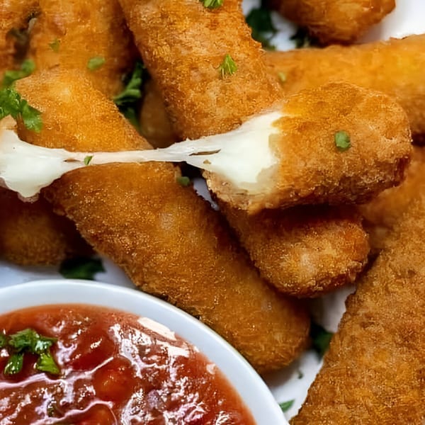 Golden-brown mozzarella sticks with a cheesy pull, garnished with parsley, next to a bowl of marinara sauce.